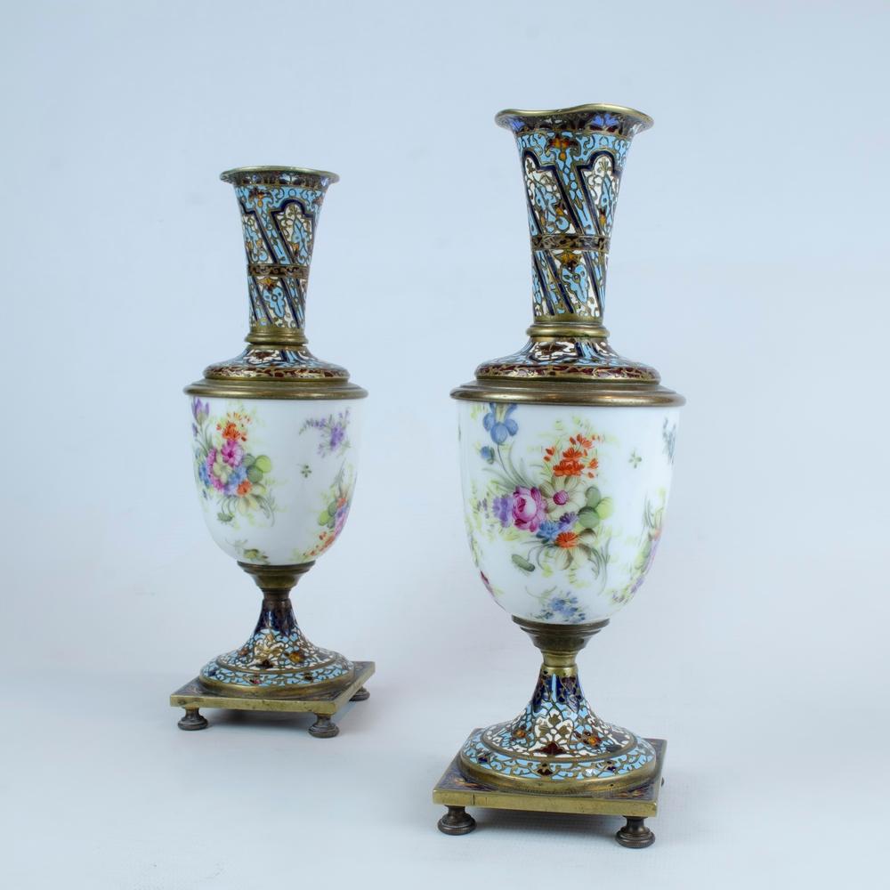 Neoclassical Pair of Porcelain, Cloisonné, Bronze Vases, France, circa 1900  For Sale