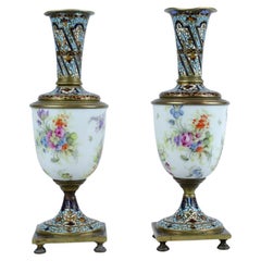 Vintage Pair of Porcelain, Cloisonné, Bronze Vases, France, circa 1900 