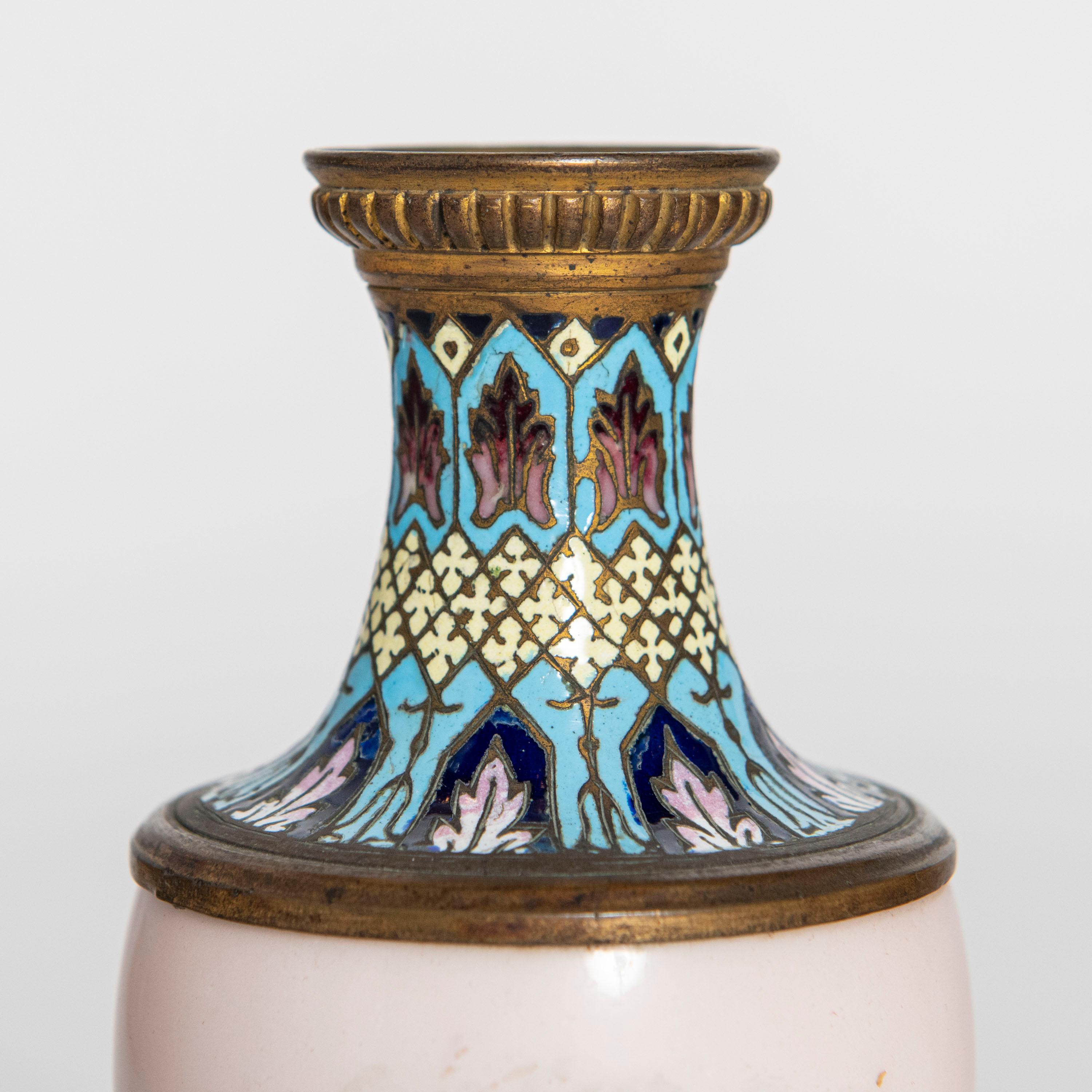 Neoclassical Pair of Porcelain, Cloisonné, Marble and Bronze Vases, France, circa 1900 For Sale