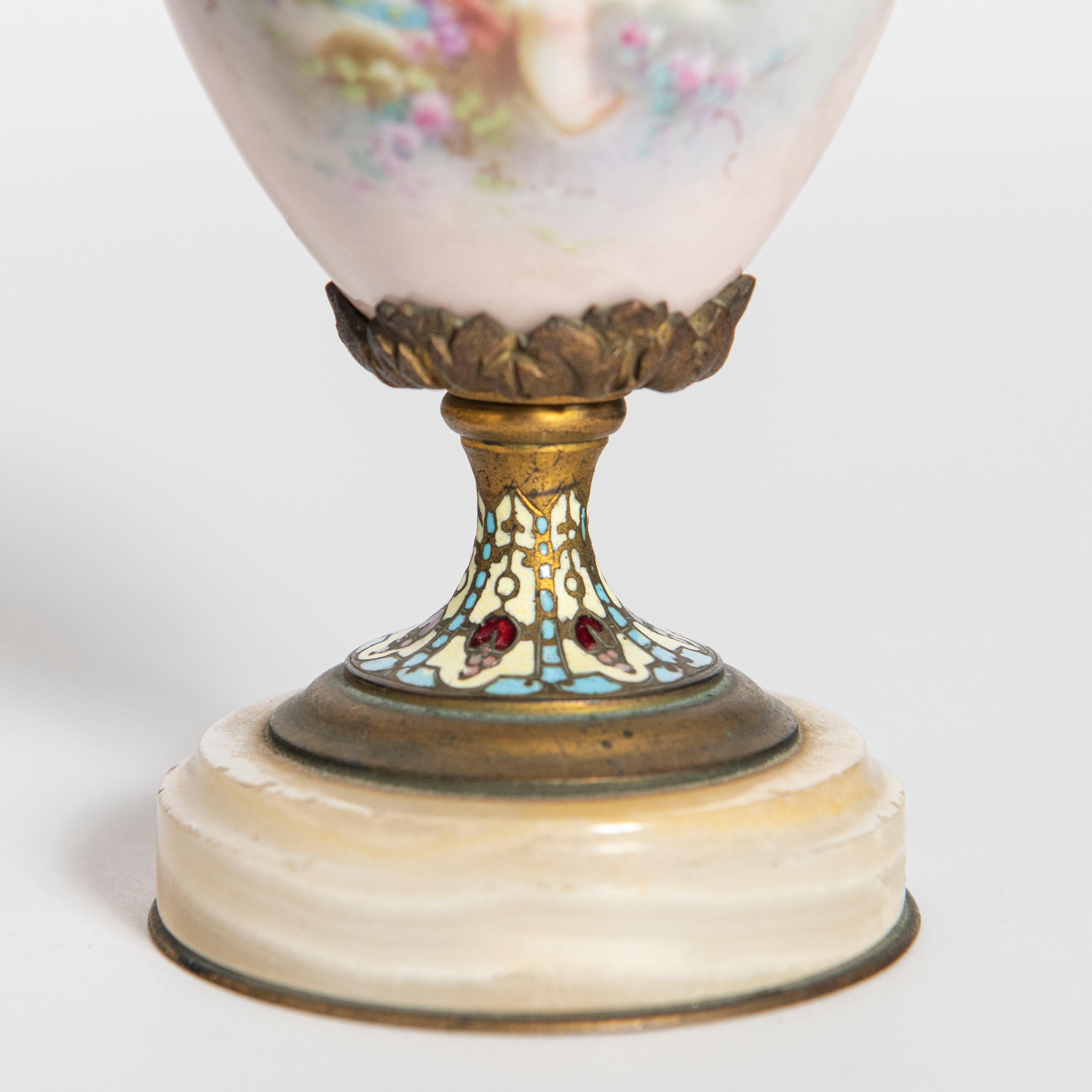 Enamel Pair of Porcelain, Cloisonné, Marble and Bronze Vases, France, circa 1900 For Sale