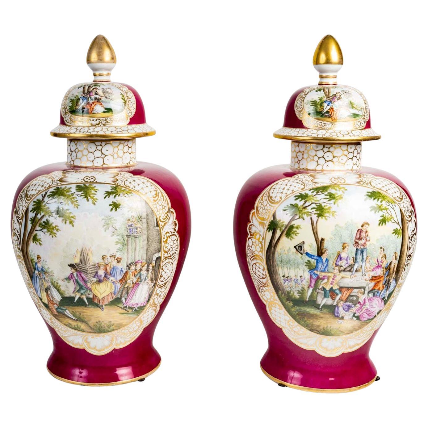 Pair of Porcelain Covered Vases, 19th Century, Napoleon III Period.