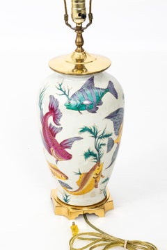 Pair of Porcelain Crackle Glaze Fish Motif Lamps
