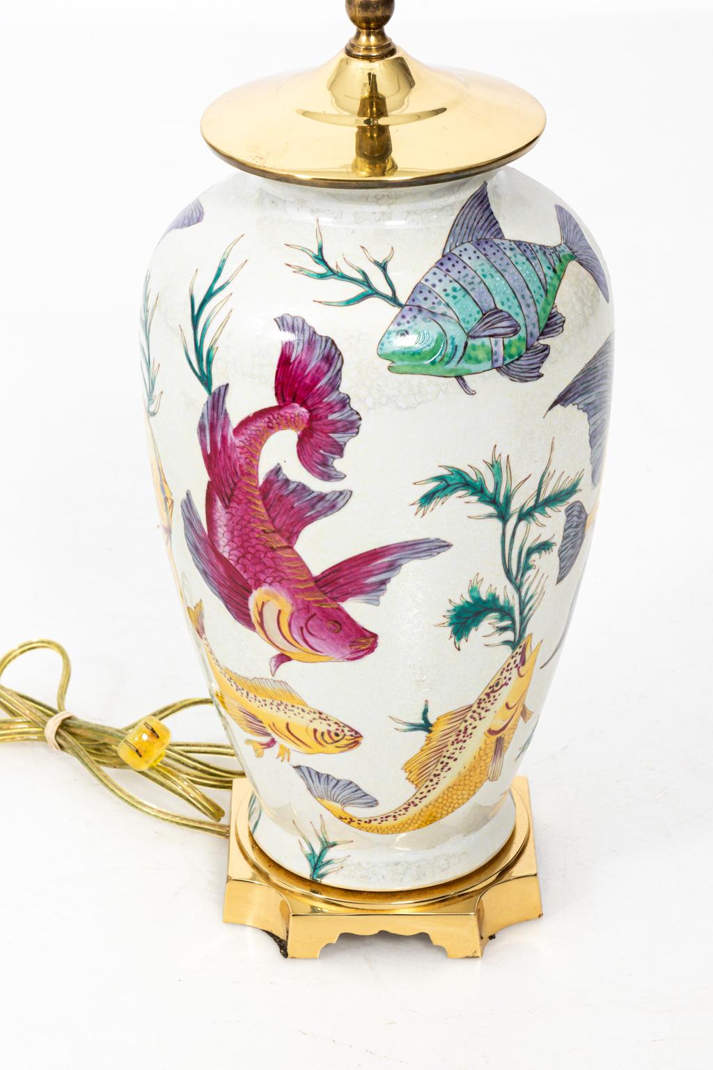 20th Century Pair of Porcelain Crackle Glaze Fish Motif Lamps