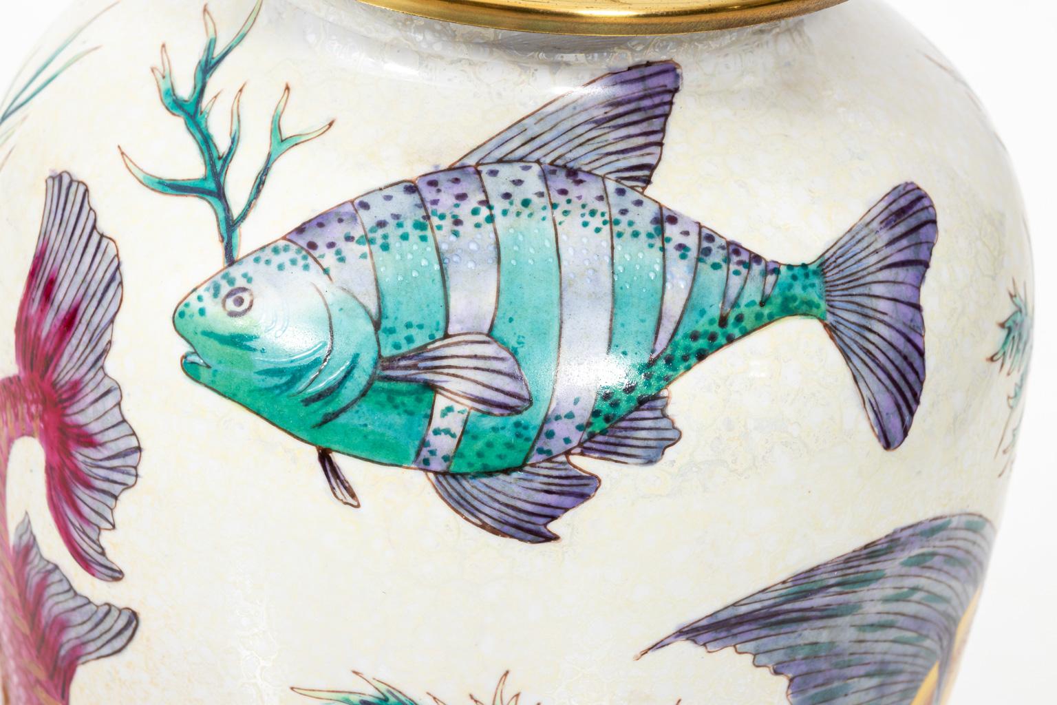 Pair of Porcelain Crackle Glaze Fish Motif Lamps 3
