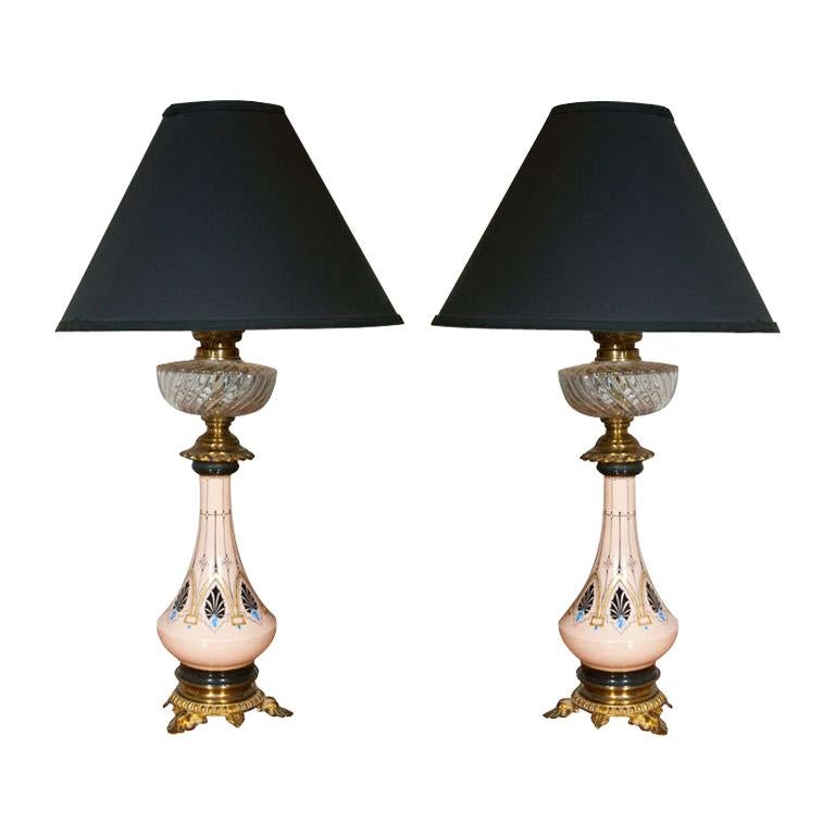 Pair of Porcelain and Cut Glass Lamps For Sale at 1stDibs