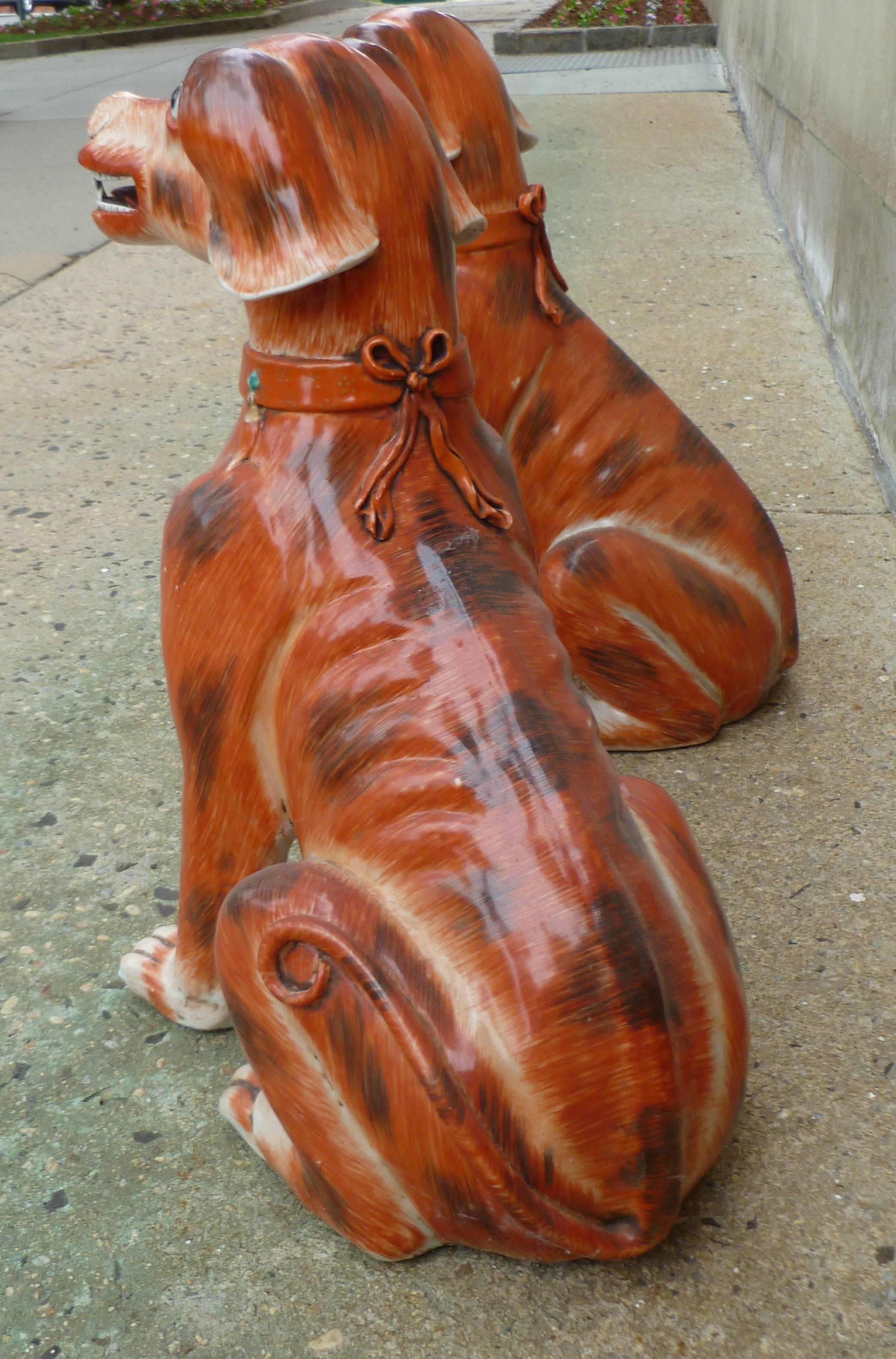 Glazed Pair of Porcelain Dogs For Sale