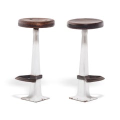 Pair of Porcelain Enamel Soda Fountain Stools with Wood Seats, circa 1930s