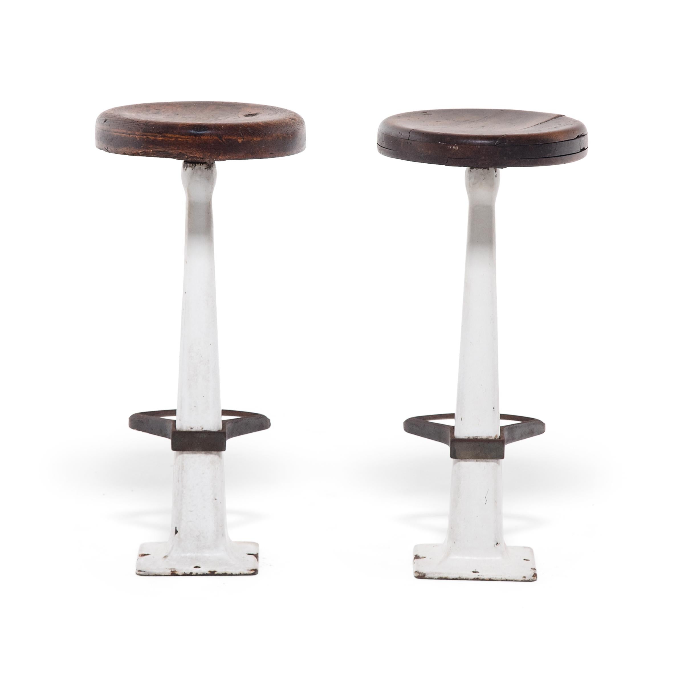 American Pair of Porcelain Enamel Soda Fountain Stools with Wood Seats, circa 1930s