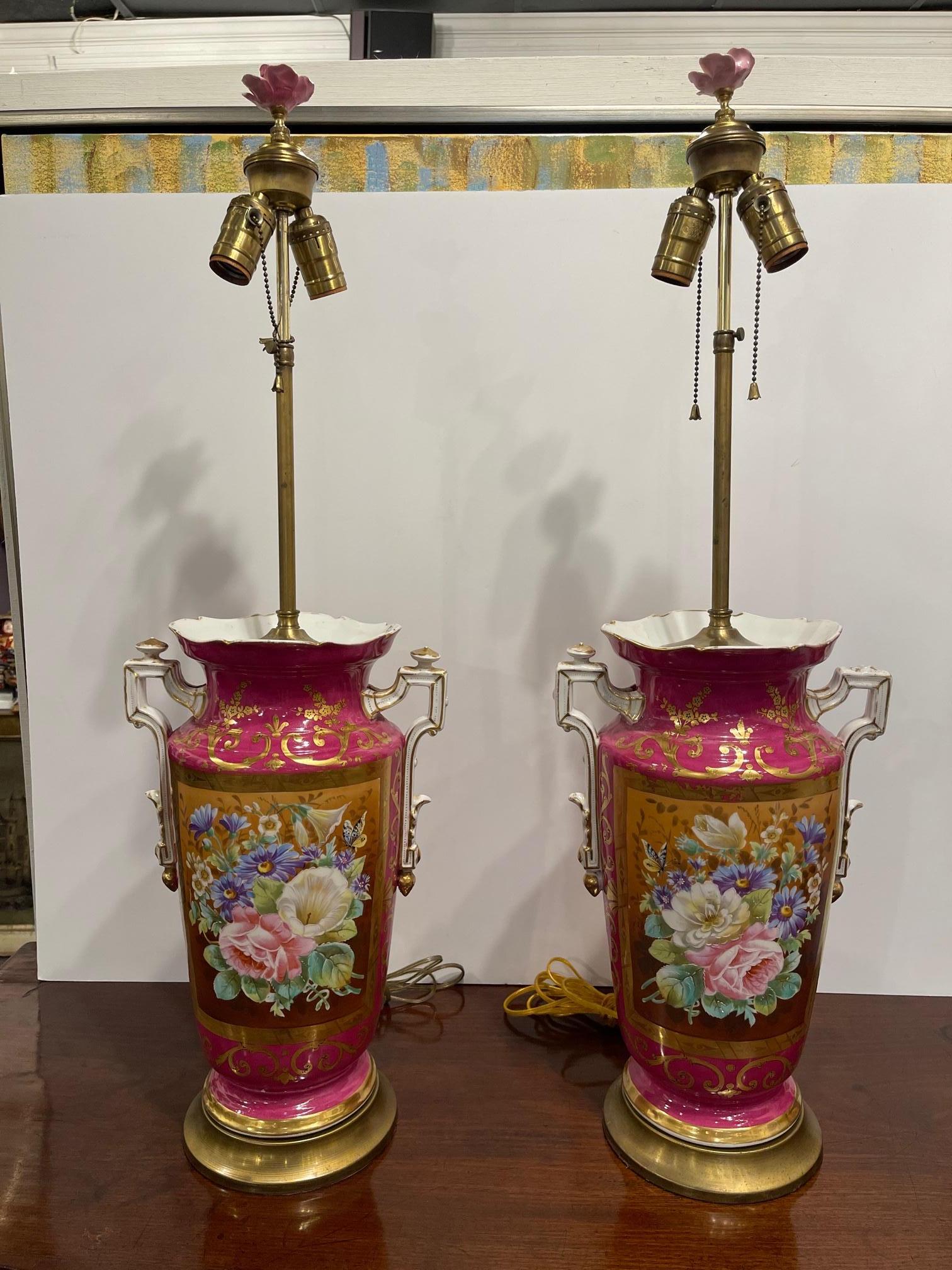 Pair of Porcelain Floral Jars with Handles Adapted as Lamps, 20th Century 3