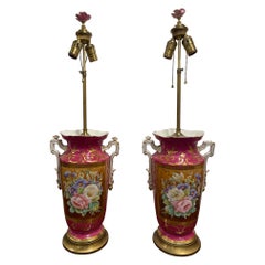 Pair of Porcelain Floral Jars with Handles Adapted as Lamps, 20th Century