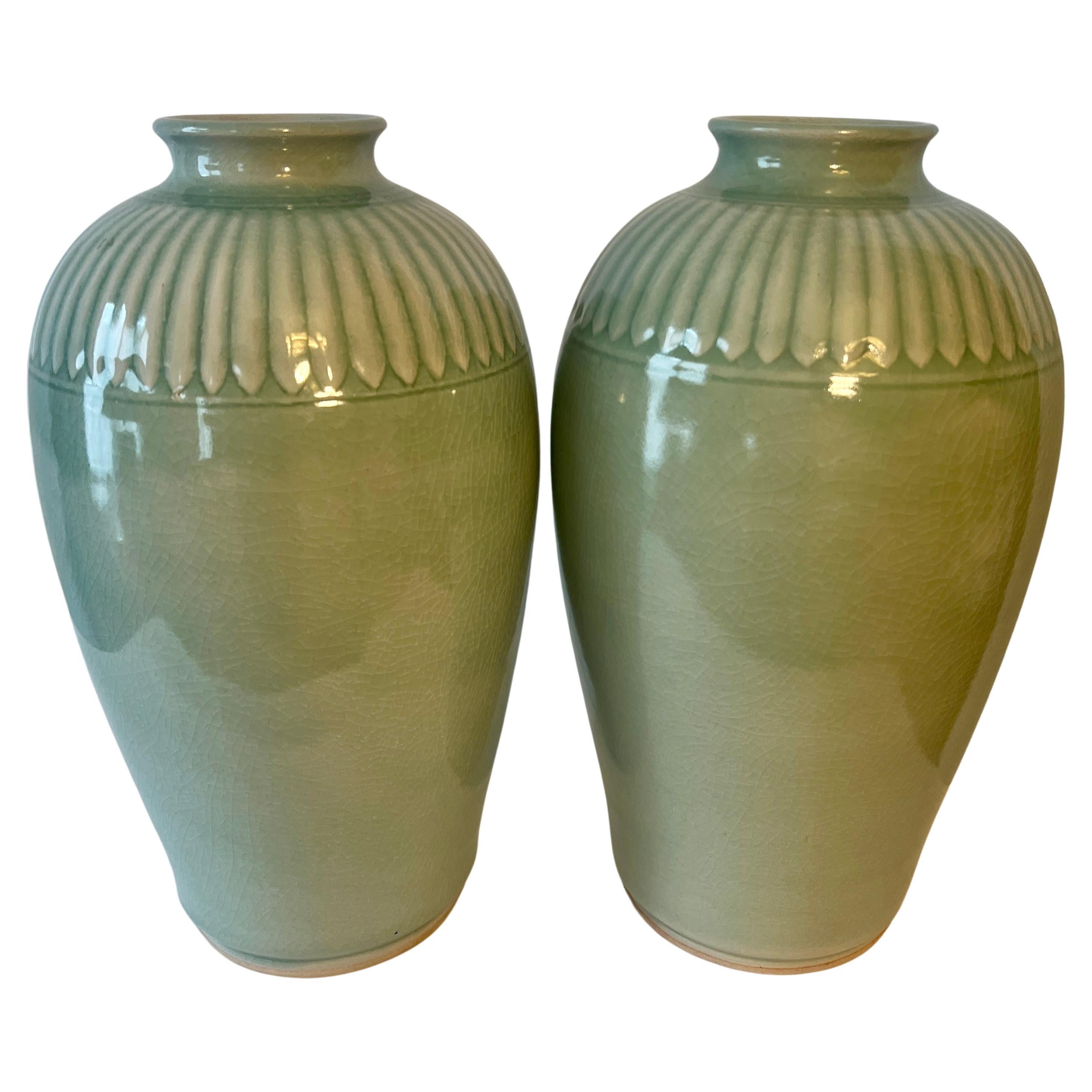 Pair of Porcelain Hand Crafted Celadon Vases