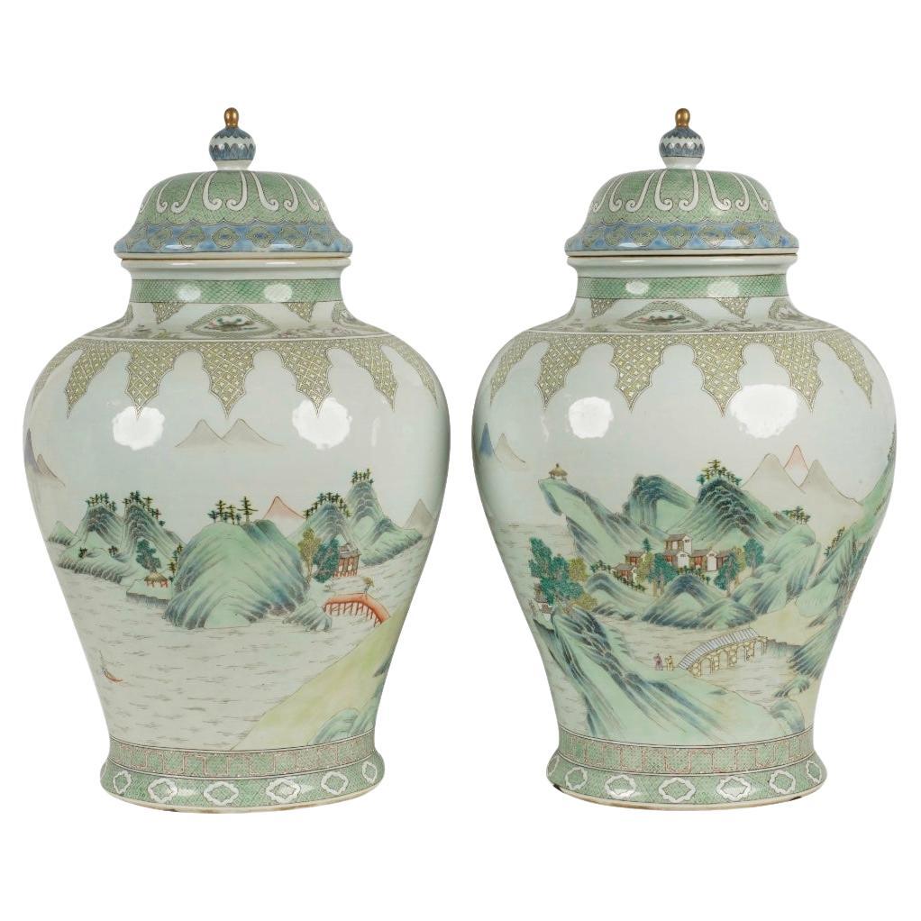 Paire de pots en porcelaine peints à la main dans le style Qian Jiang Cai