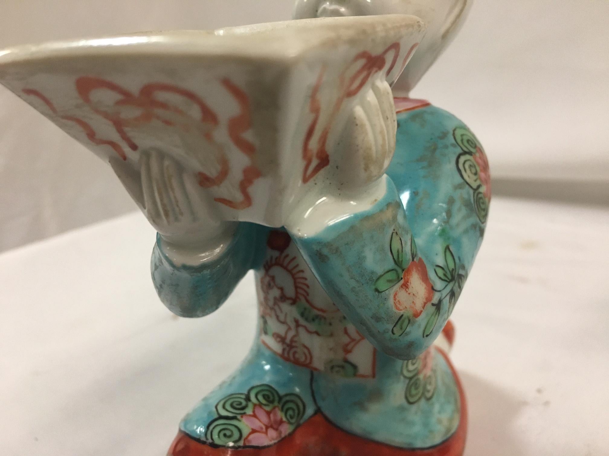 Pair of Porcelain Kneeling Chinese Boys Holding Shallow Single Blossom Vessels For Sale 6