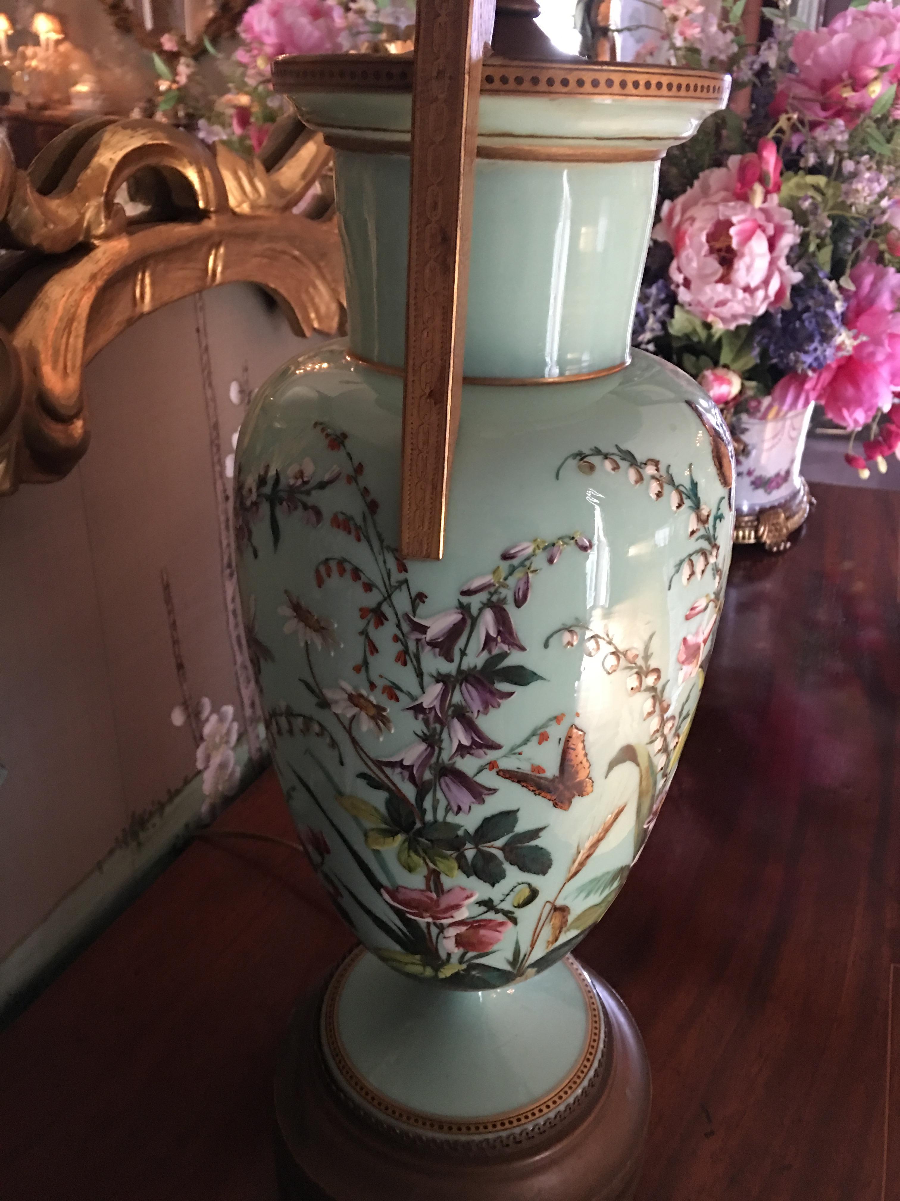 Pair of Porcelain Lamps in an Aqua Color and Floral Decorations, 20th Century In Good Condition In Savannah, GA
