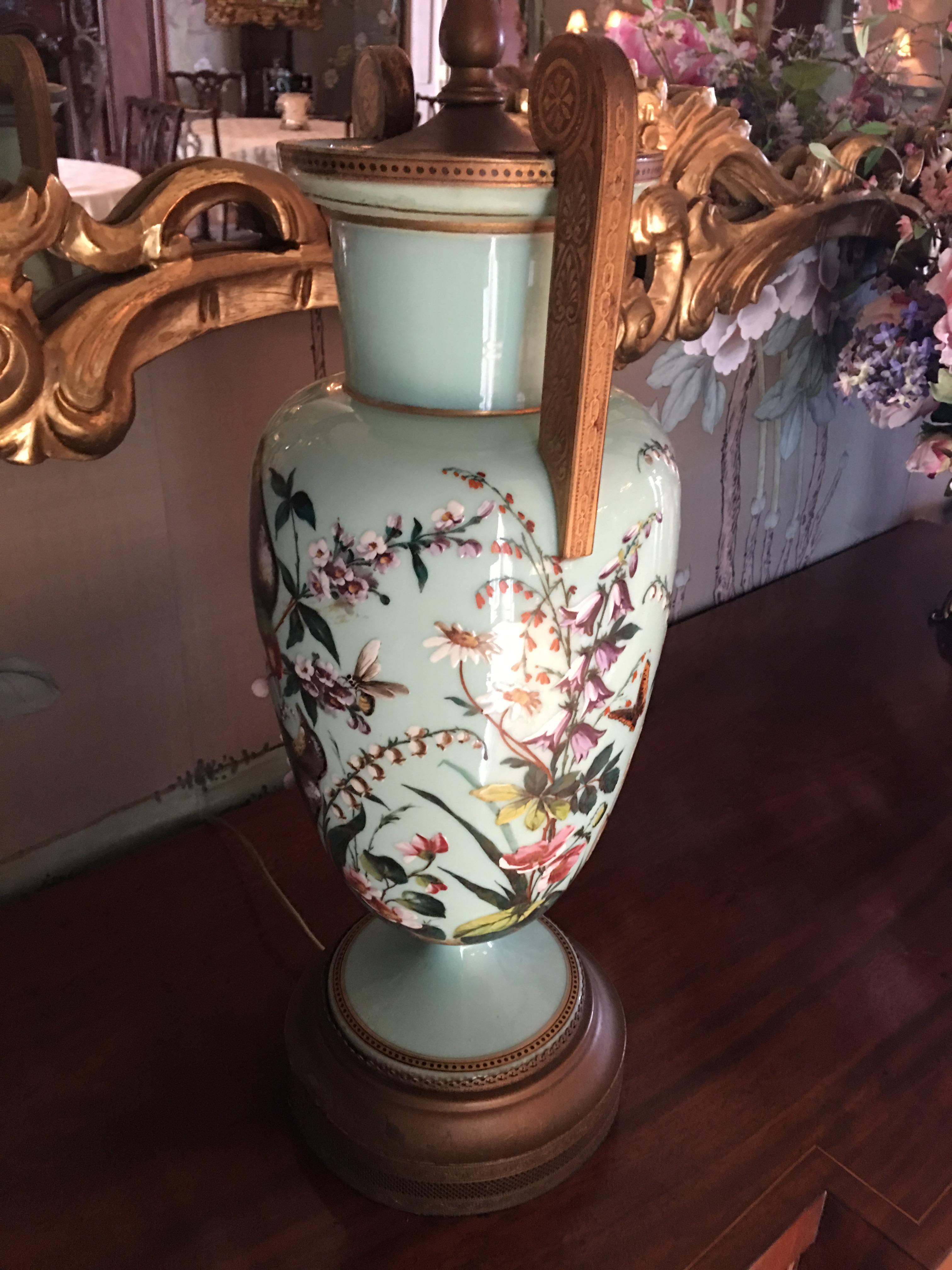 Pair of Porcelain Lamps in an Aqua Color and Floral Decorations, 20th Century 2