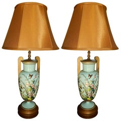 Pair of Porcelain Lamps in an Aqua Color and Floral Decorations, 20th Century
