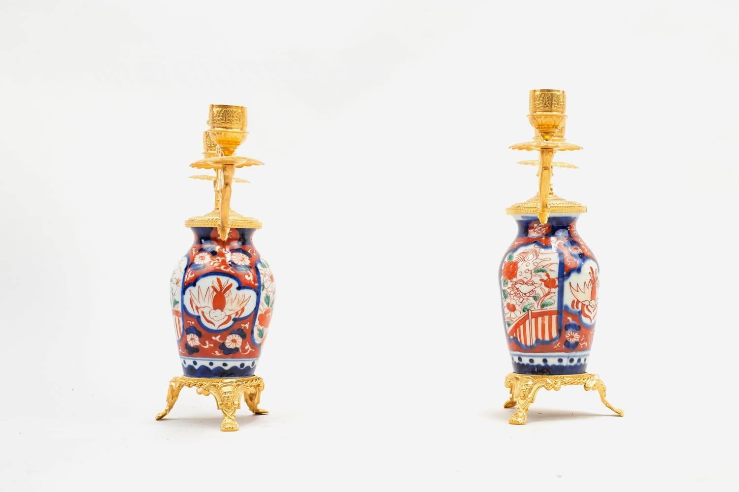 Pair of Porcelain Lampstands, Imari Decoration, Second Half of the 19th Century In Good Condition In Saint-Ouen, FR