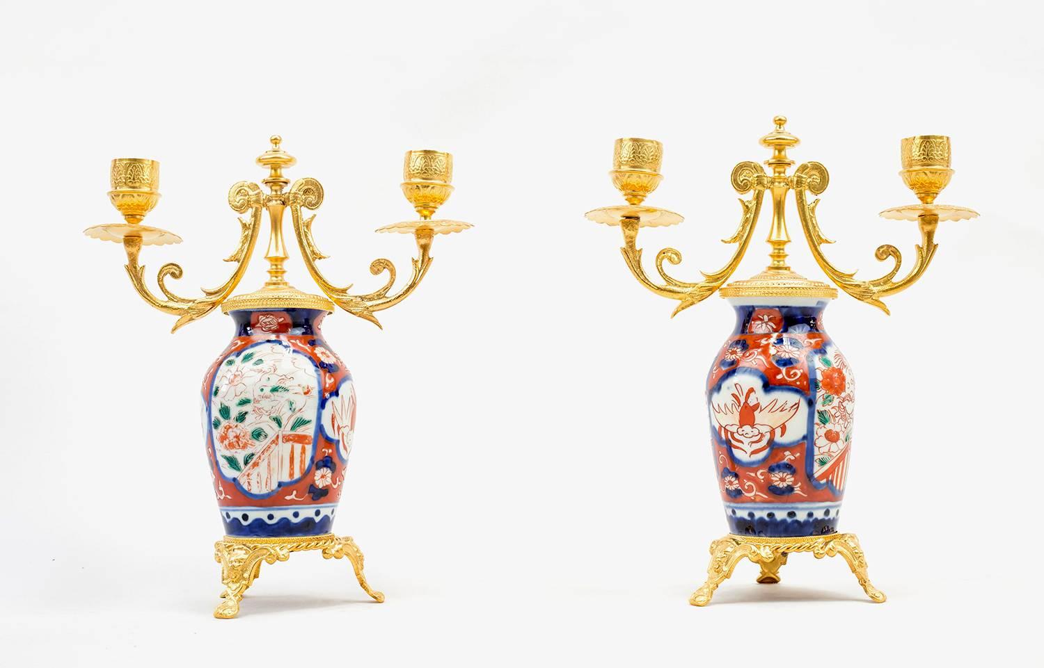 Pair of Porcelain Lampstands, Imari Decoration, Second Half of the 19th Century 2