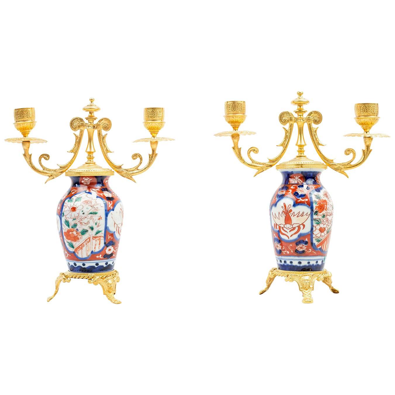 Pair of Porcelain Lampstands, Imari Decoration, Second Half of the 19th Century
