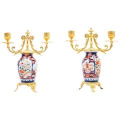 Antique Pair of Porcelain Lampstands, Imari Decoration, Second Half of the 19th Century