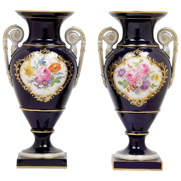 Pair of Porcelain Meissen Cobalt Blue Vases, 1960 at 1stDibs