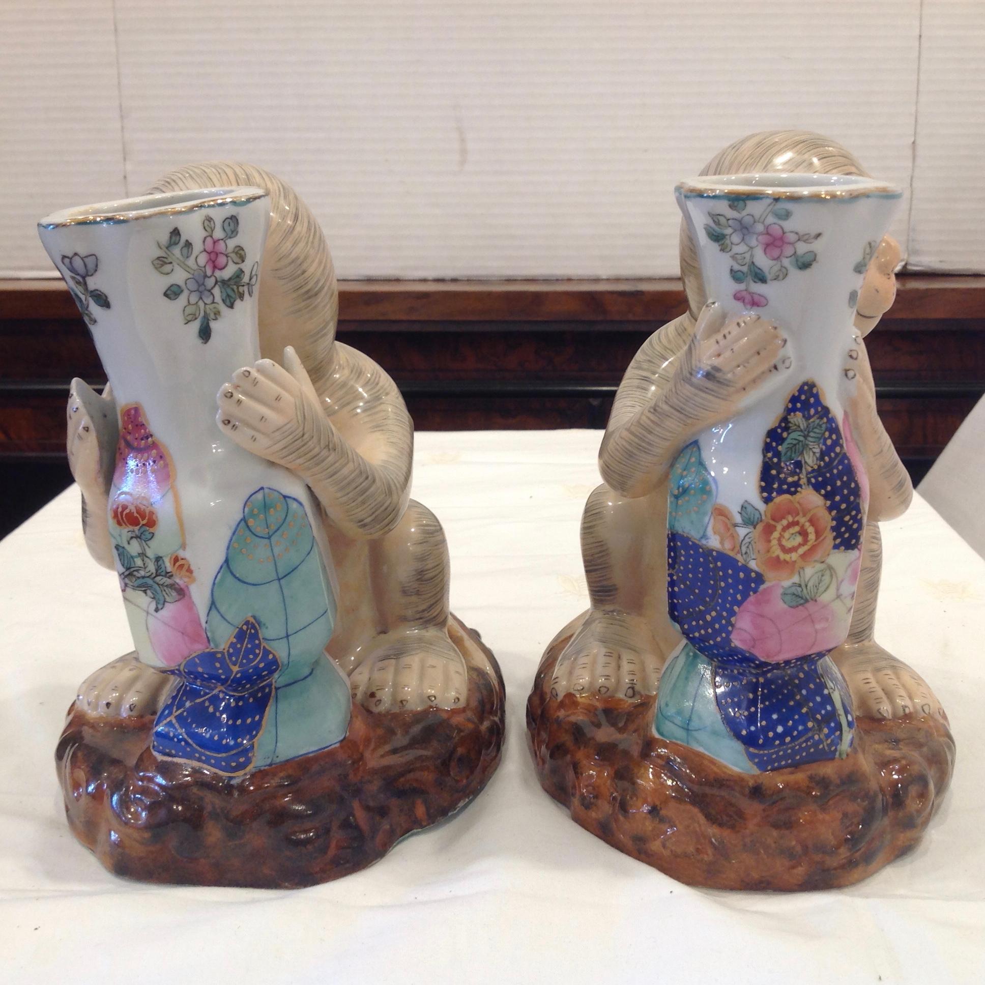 Pair of Porcelain Monkey Form Vases In Good Condition In West Palm Beach, FL