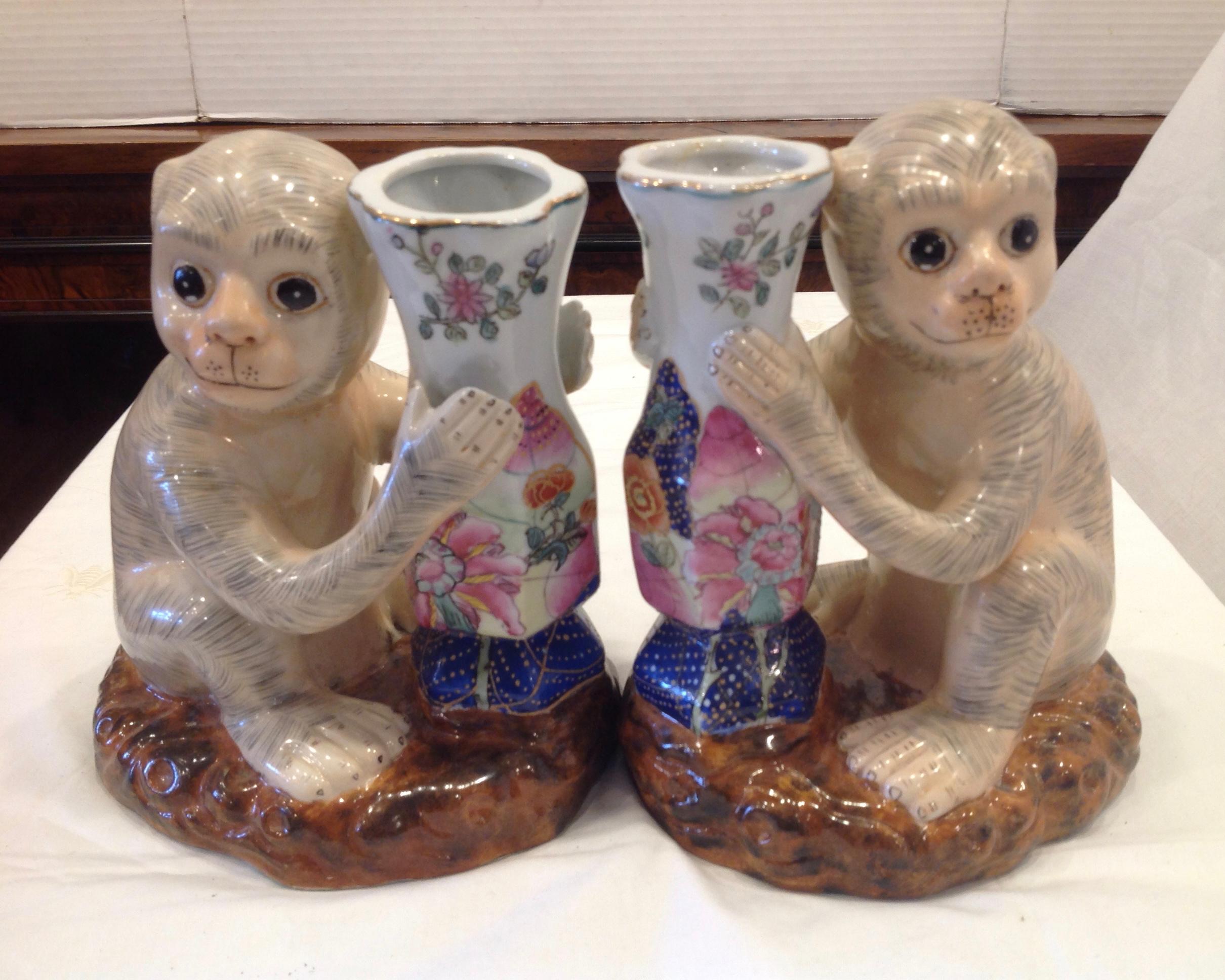 Mid-20th Century Pair of Porcelain Monkey Form Vases