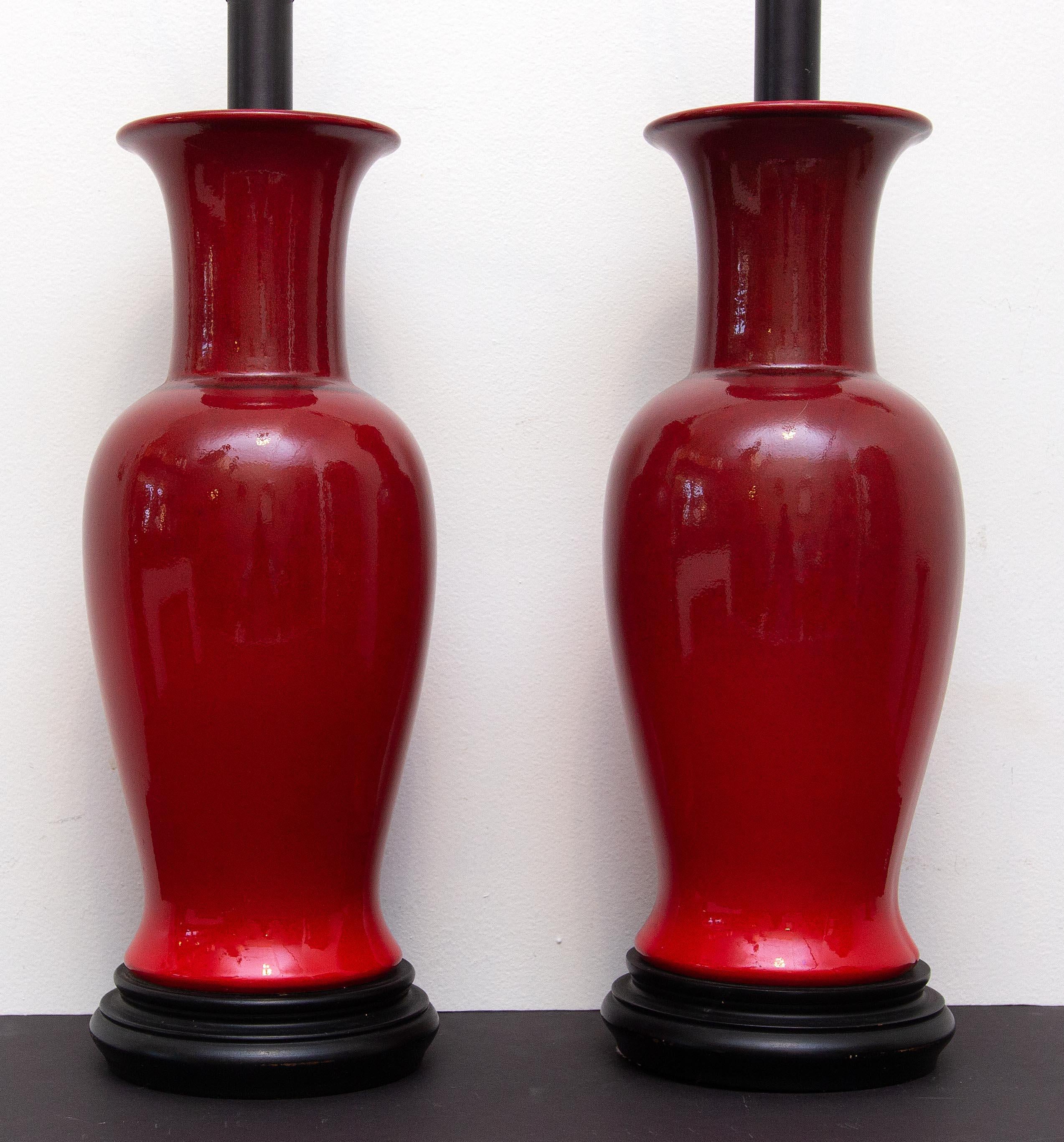 Mid-Century Modern Pair of Porcelain Oxblood Sang de Boeuf Lamps