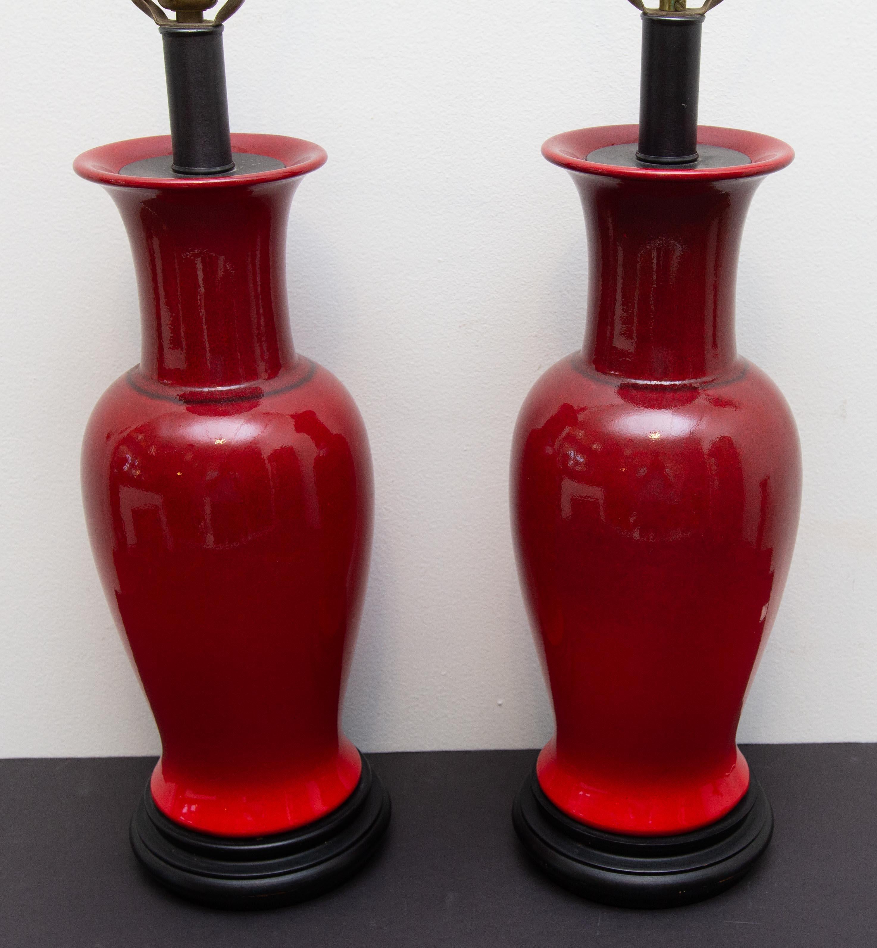 Pair of Porcelain Oxblood Sang de Boeuf Lamps In Good Condition In Rochester, NY