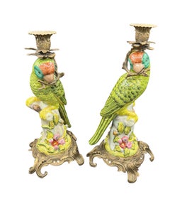 Pair of Porcelain Parrots Candle Holders
