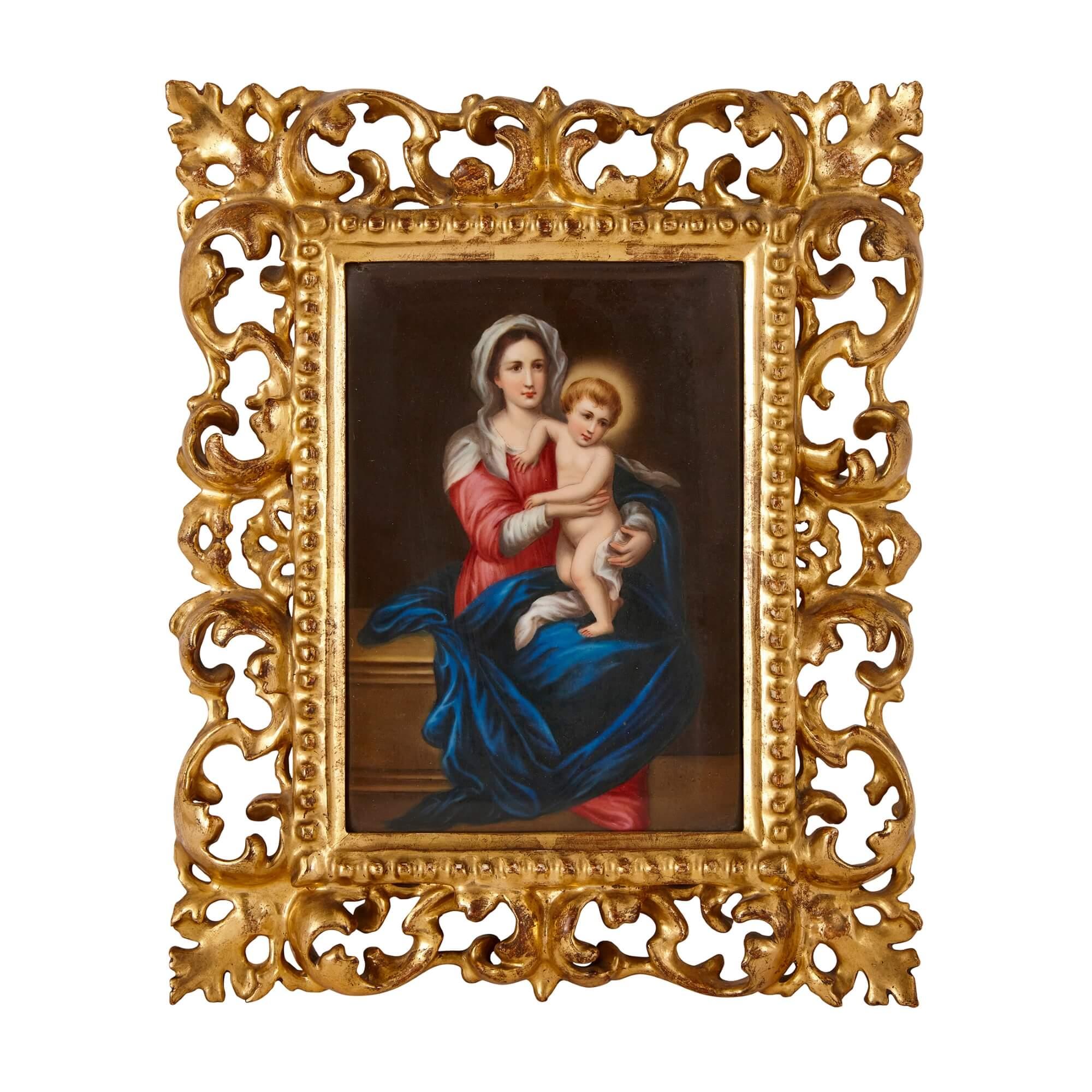 Pair of porcelain plaques in giltwood frames, after Old Master Madonnas
Italian, 1901
Measures: Frames: height 28cm, width 23cm, depth 2cm
Plaques: height 18cm, width 13cm, depth 0.5cm

Depicting a pair of Madonna and Child images after famous