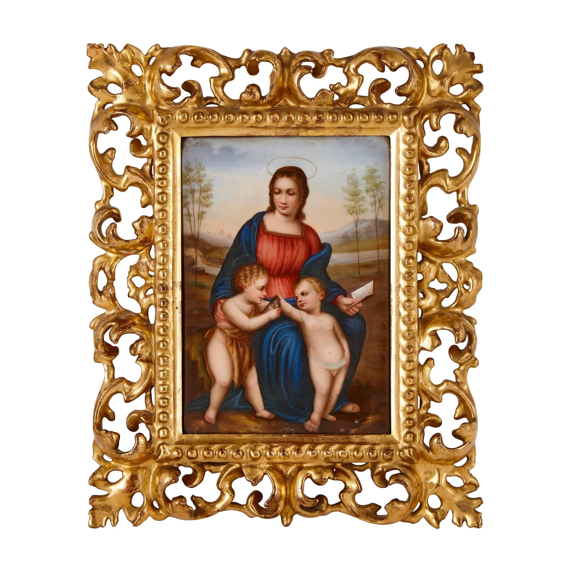 Renaissance Pair of Porcelain Plaques in Giltwood Frames, After Old Master Madonnas For Sale