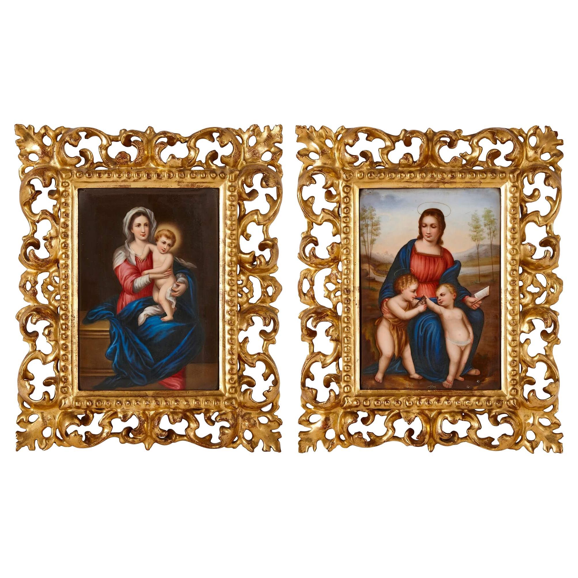 Pair of Porcelain Plaques in Giltwood Frames, After Old Master Madonnas