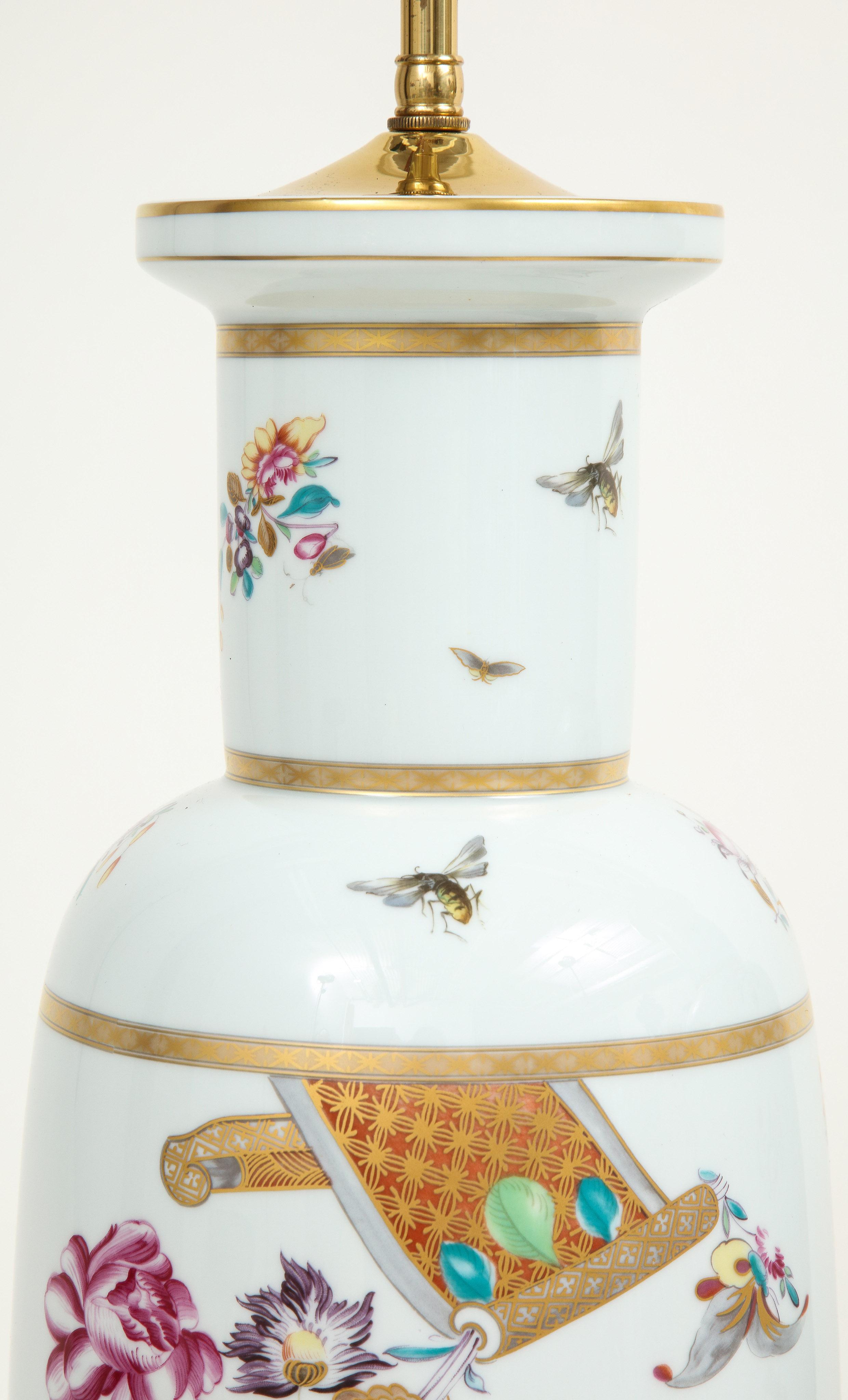 Chinese Export Pair of Porcelain Polychrome and Gilt Rouleau Vase Lamps For Sale