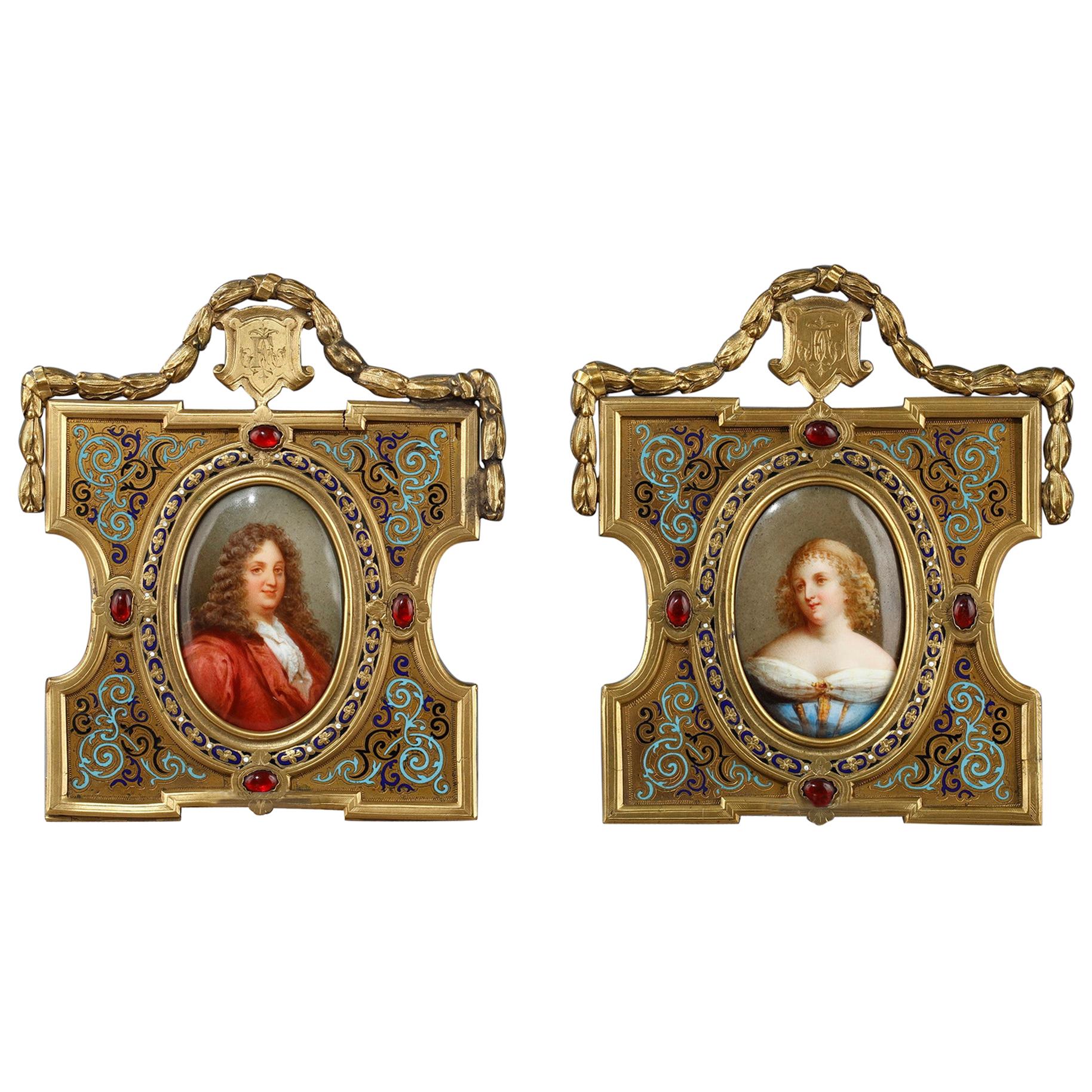 Pair of Porcelain Portrait, 19th Century Gilded Bronze Frame Signed A.Giroux
