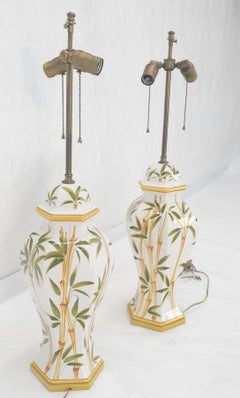 Pair of Porcelain Pottery Ceramic Hexagon Base Onion Shape Lamps Bamboo Motive