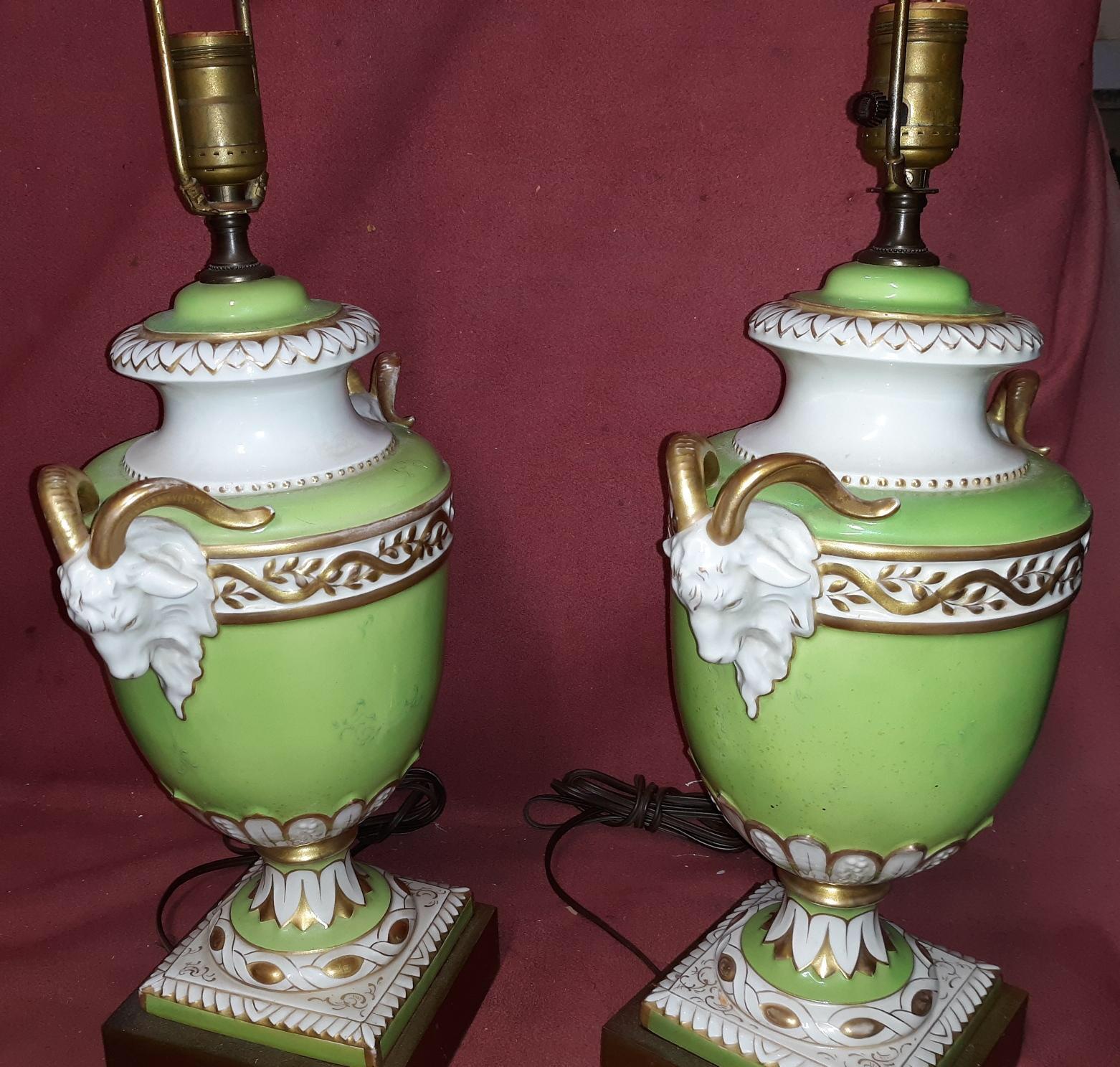 German Pair of Porcelain Rams Head Lamps
