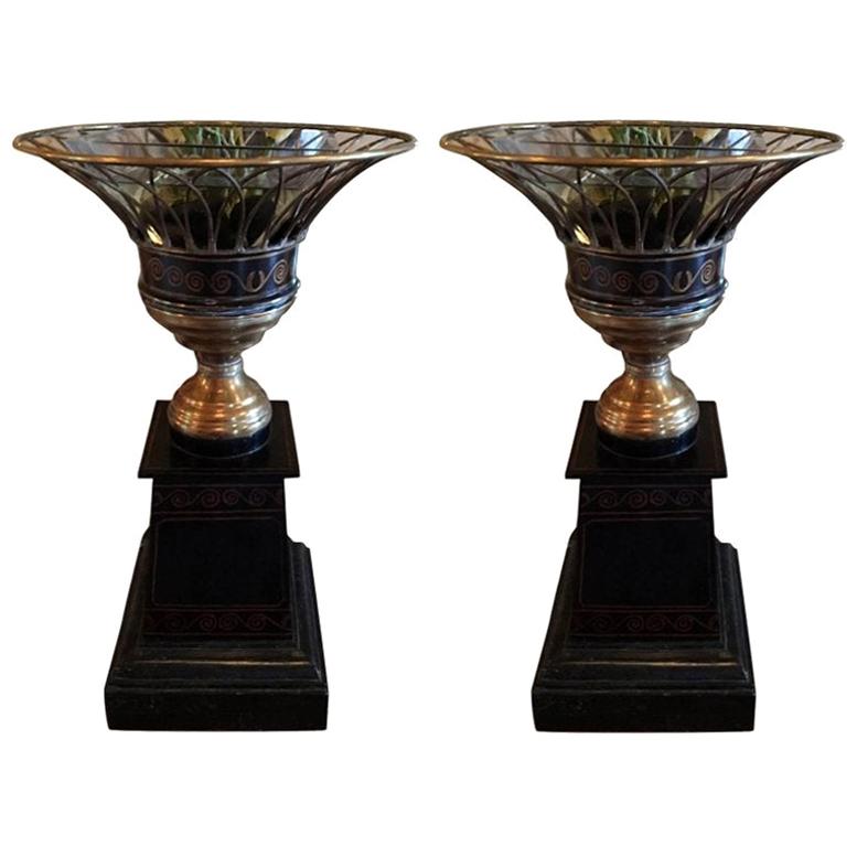 Pair of Reticulated Brass Urns on Bases by Maitland Smith, 20th Century