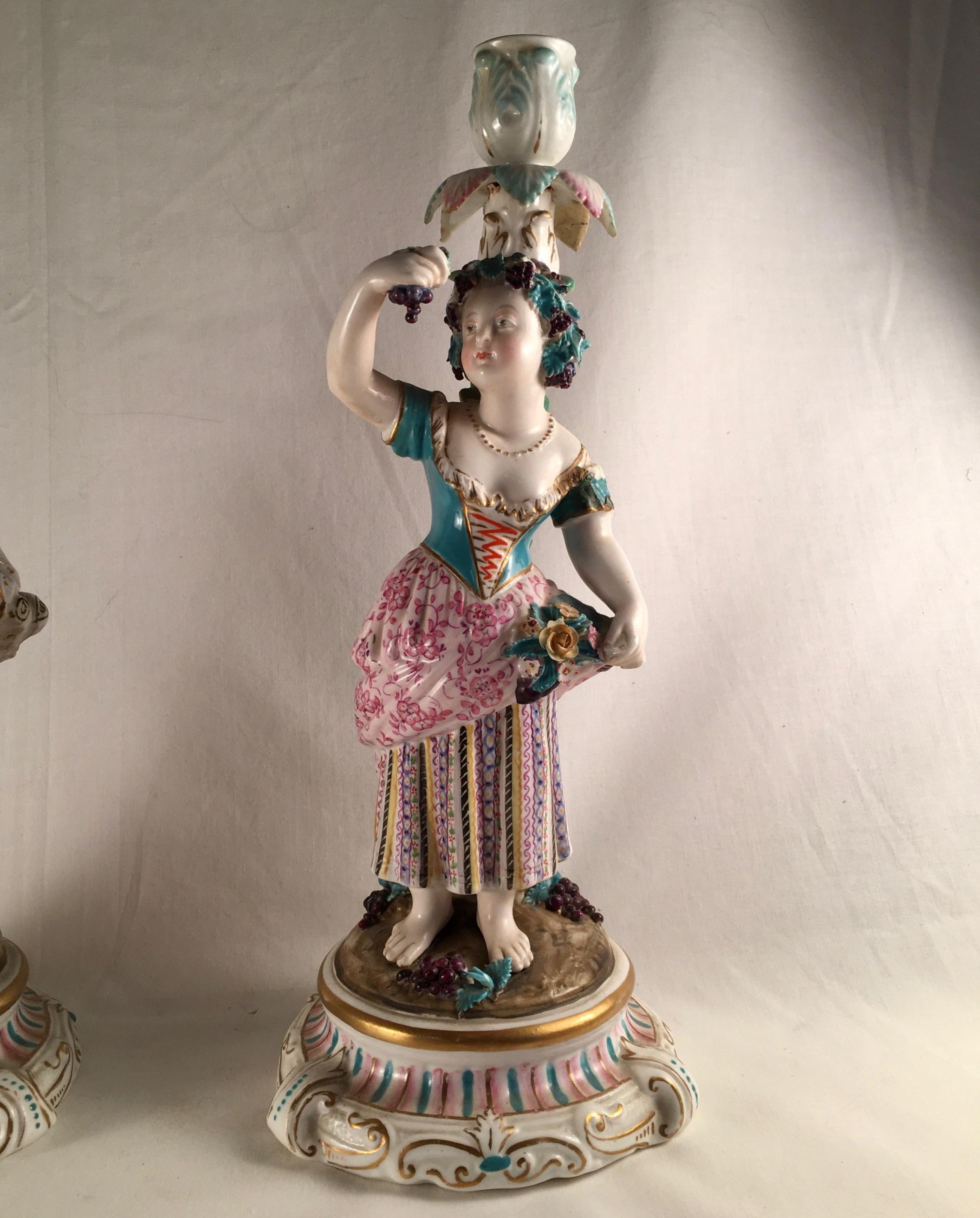 German Pair of Porcelain Rococo Style Figural Candlesticks, ca. 1850 For Sale