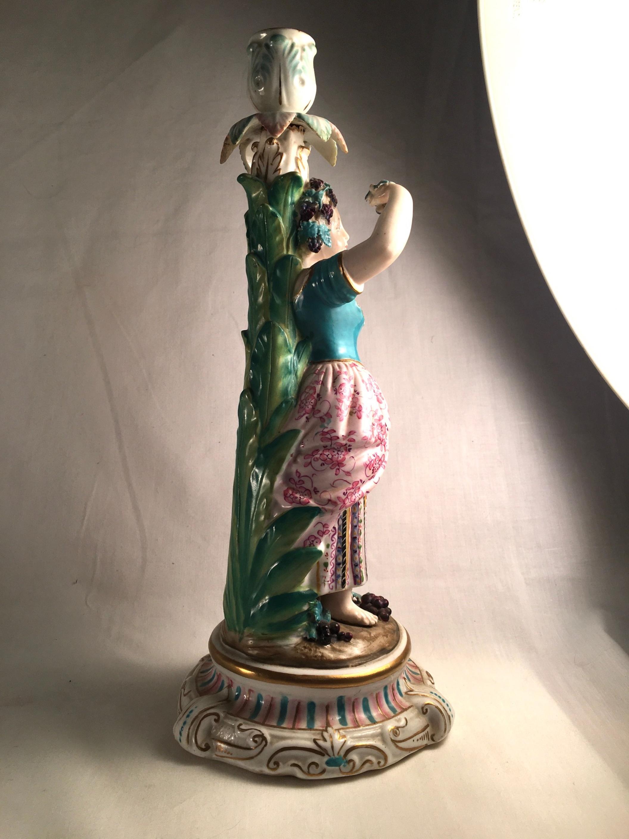 Hand-Painted Pair of Porcelain Rococo Style Figural Candlesticks, ca. 1850 For Sale