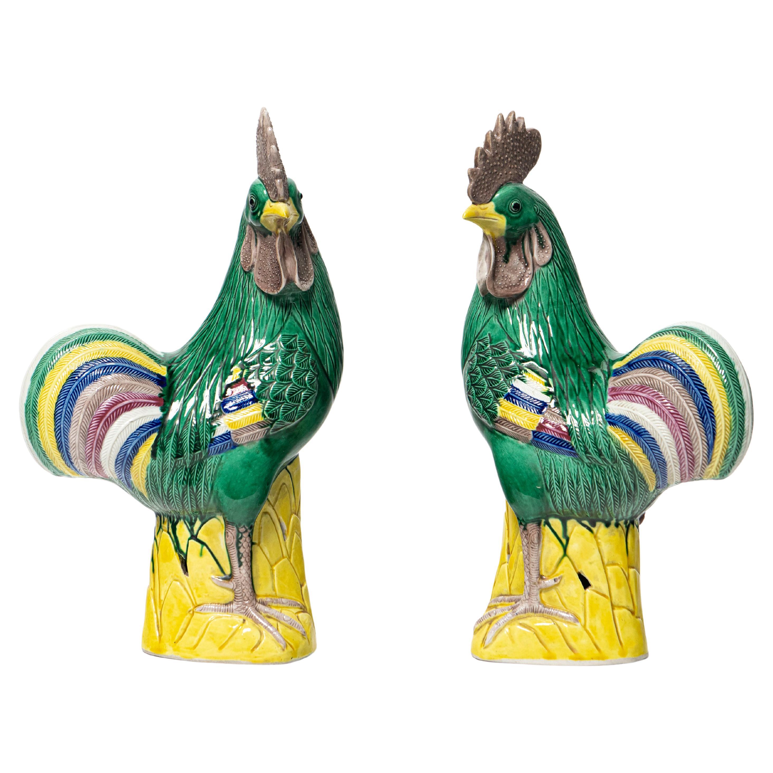 Pair of Porcelain Roosters Sculptures, China, Early 20th Century