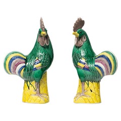 Pair of Porcelain Roosters Sculptures, China, Early 20th Century