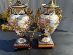 Pair of Porcelain Satsuma Style Table Lamps w/ Gold Accents on Wood Stands