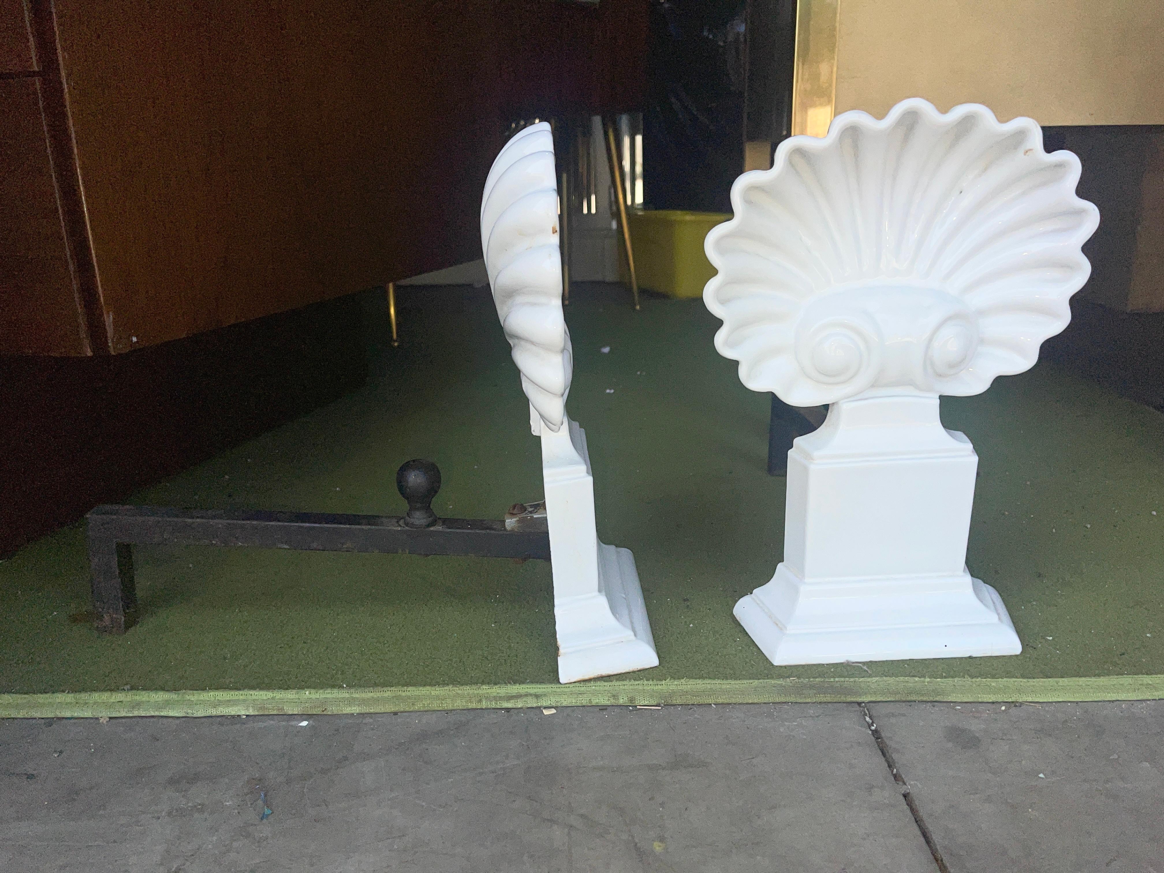 Pair of Porcelain Scallop Shell Andirons with Matching Fireplace Tools For Sale 3