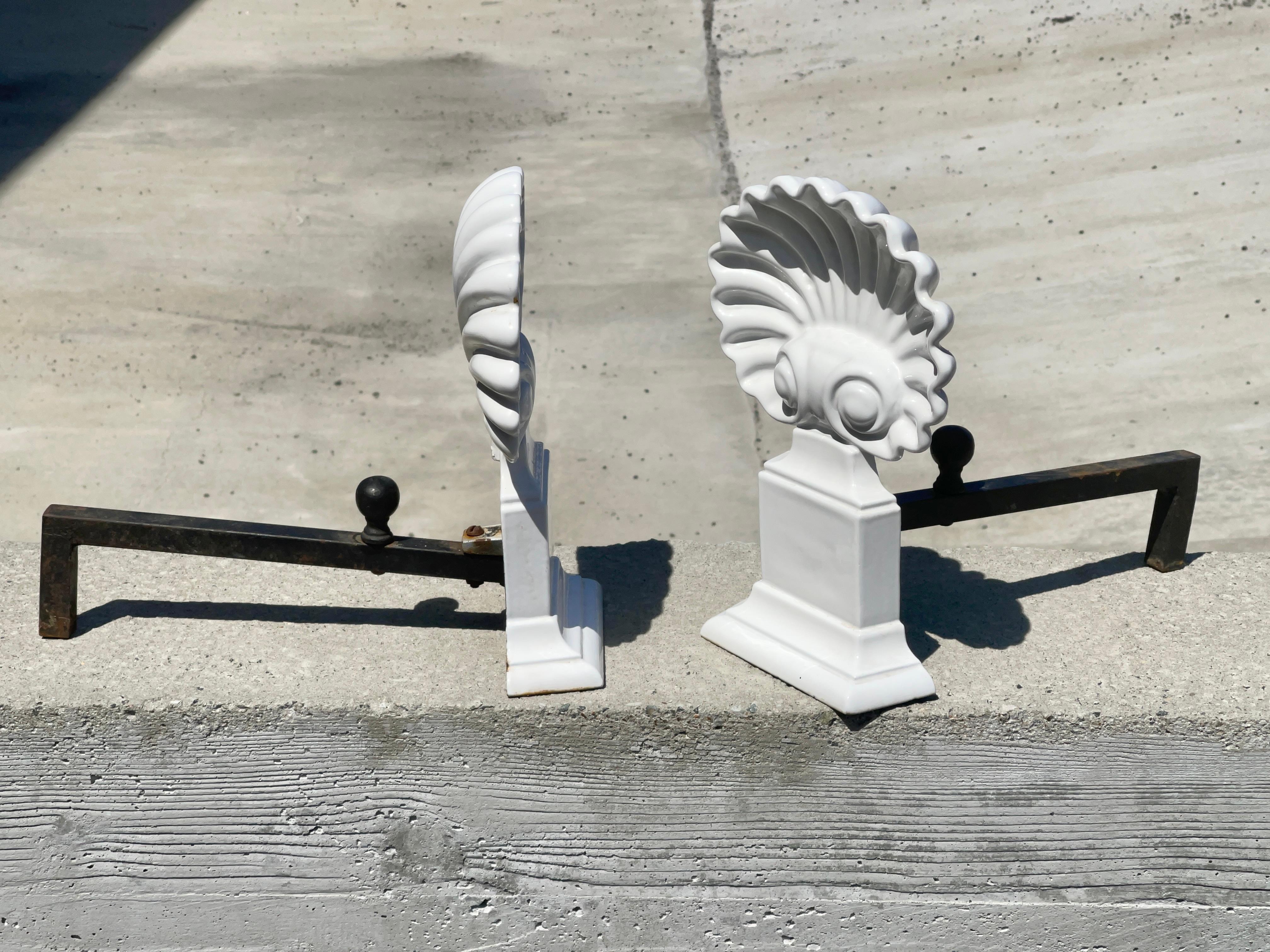 Pair of Porcelain Scallop Shell Andirons with Matching Fireplace Tools For Sale 4