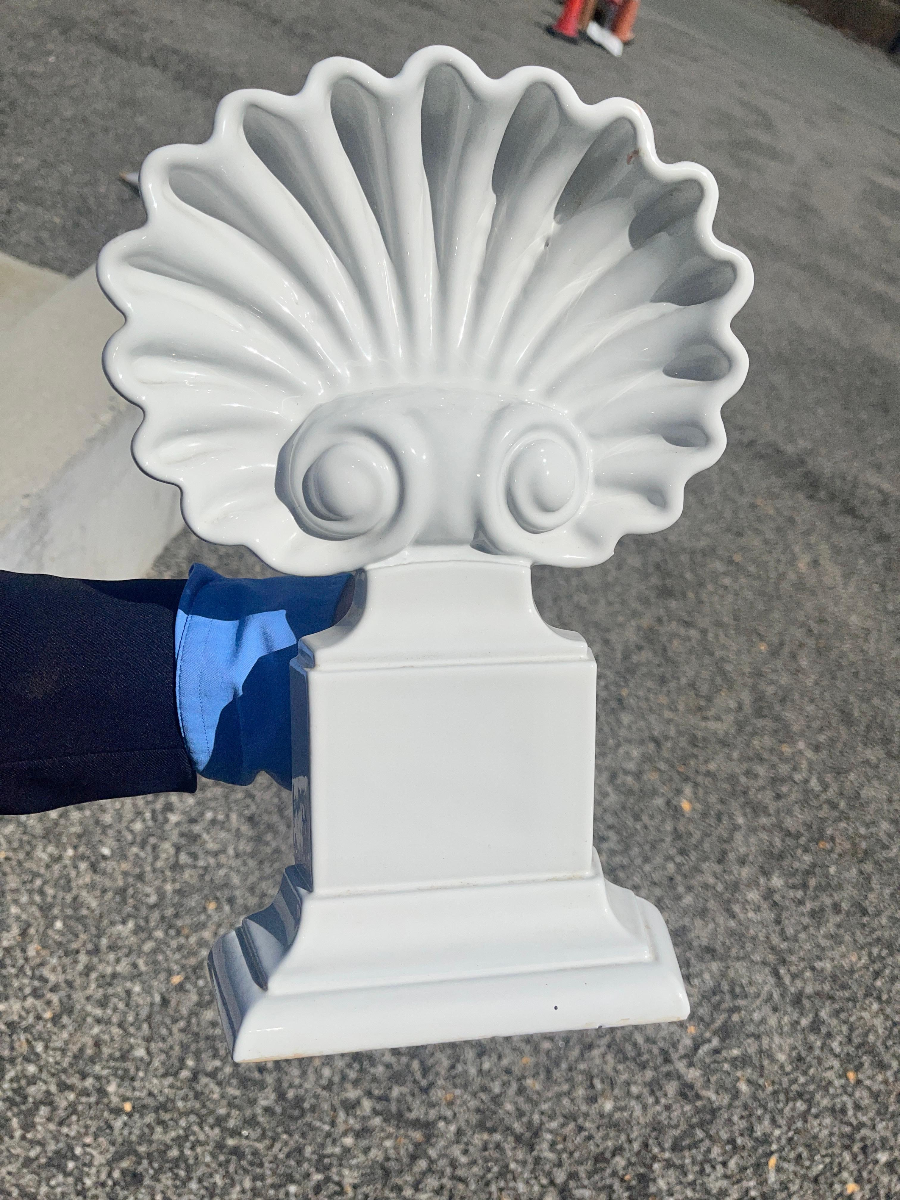 Pair of Porcelain Scallop Shell Andirons with Matching Fireplace Tools For Sale 5