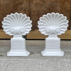 Pair of Porcelain Scallop Shell Andirons with Matching Fireplace Tools