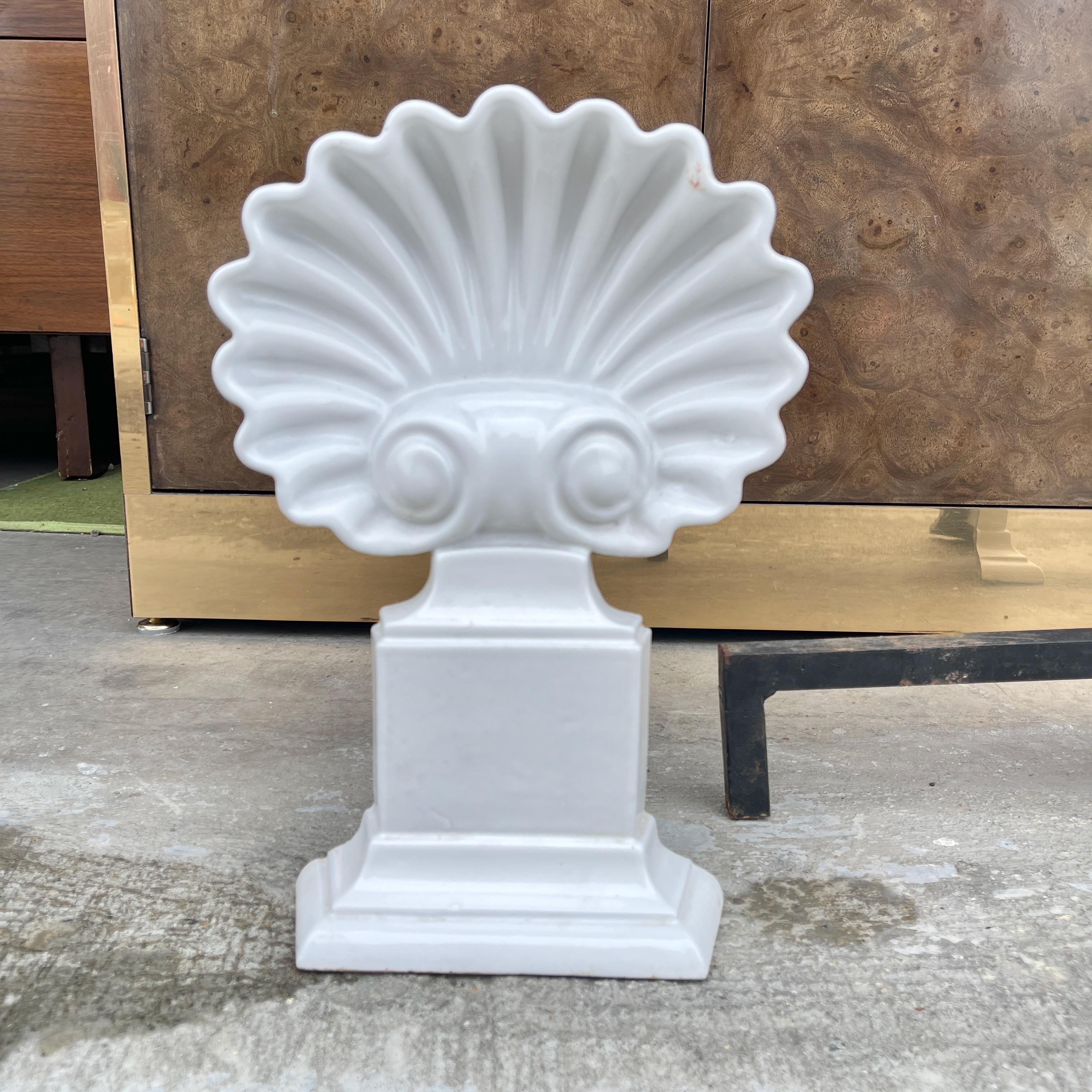 Art Deco Pair of Porcelain Scallop Shell Andirons with Matching Fireplace Tools For Sale