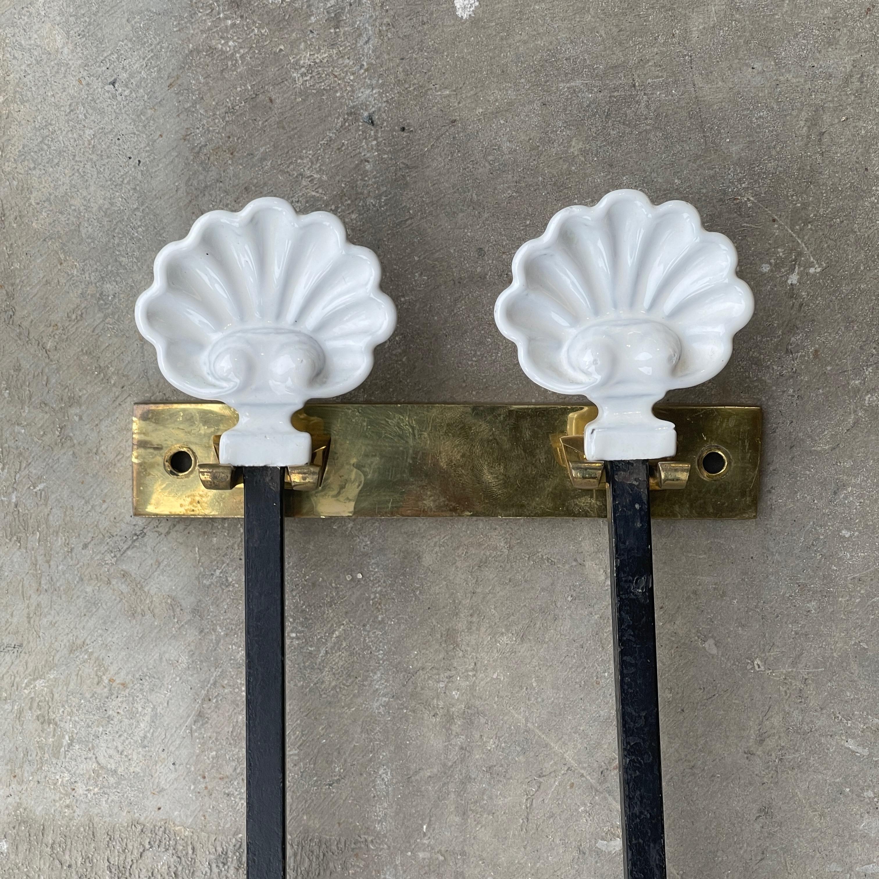 Mid-20th Century Pair of Porcelain Scallop Shell Andirons with Matching Fireplace Tools For Sale