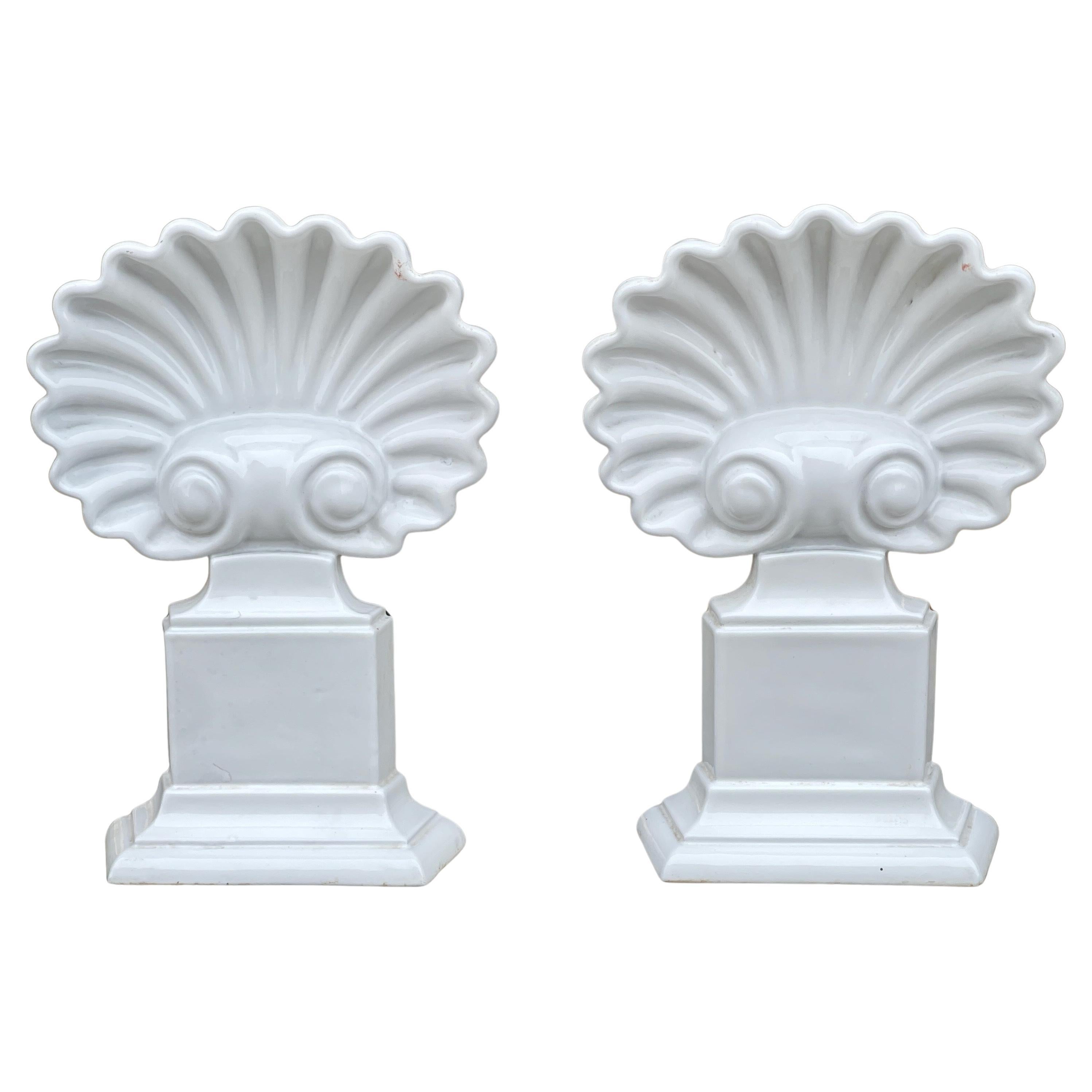Pair of Porcelain Scallop Shell Andirons with Matching Fireplace Tools For Sale